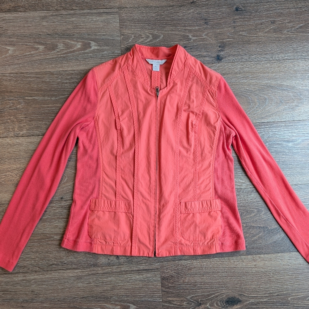 Laura Ashley Coral Zip Up Sweater Jacket Petite Large Cotton Lightweight Preppy